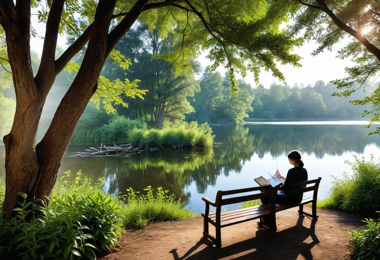 A serene landscape featuring a peaceful lake surrounded by lush greenery, with a person sitting on a bench, journaling their thoughts. Soft sunlight filtering through the trees creating a warm and inviting atmosphere, symbolizing tranquility and mental well-being. Elements of mindfulness, like a steaming cup of tea and open books lying beside the person. Illustrative style with calming colors and gentle brush strokes. painting. vibrant colors.