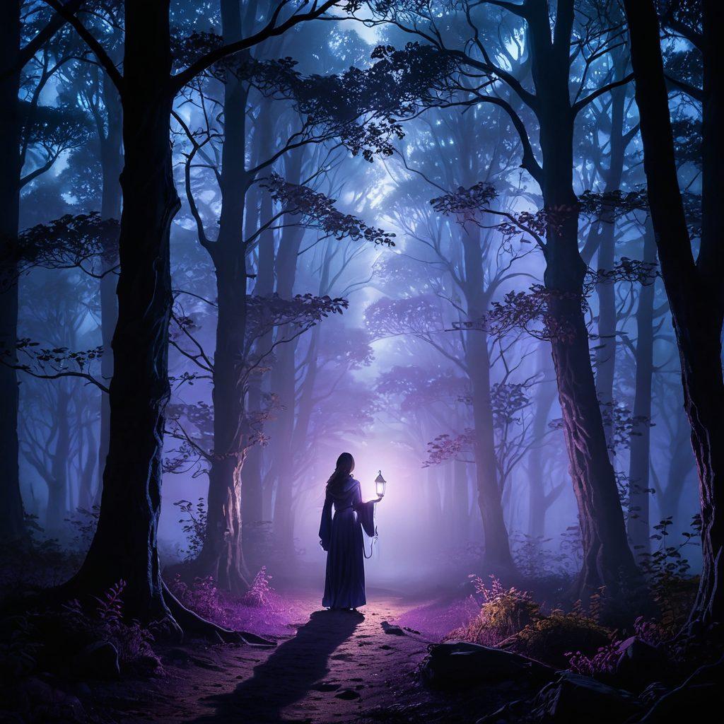 A serene figure standing on a misty path, surrounded by dark trees and soft glowing orbs of light representing hope. The figure, wearing a gentle expression, holds a lantern that illuminates the way forward, symbolizing guidance and support. The background fades into a gradient of deep blues and purples, conveying a sense of gloom, while the glowing orbs introduce warmth and optimism. super-realistic. soft lighting. vibrant colors. ethereal atmosphere.