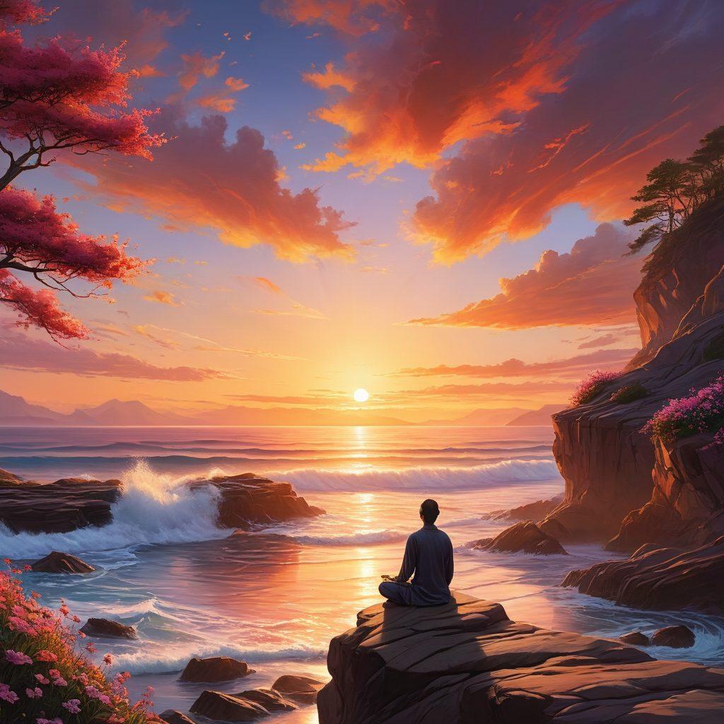 A serene landscape depicting a person meditating on a cliff overlooking a sunset, symbolizing transformation from despair to hope. Soft, flowing waves below represent emotional turbulence, while blossoming flowers nearby symbolize self-care. Ethereal light emanates from the horizon, casting a warm glow. The scene embodies tranquility and resilience. super-realistic. vibrant colors. zen-inspired.